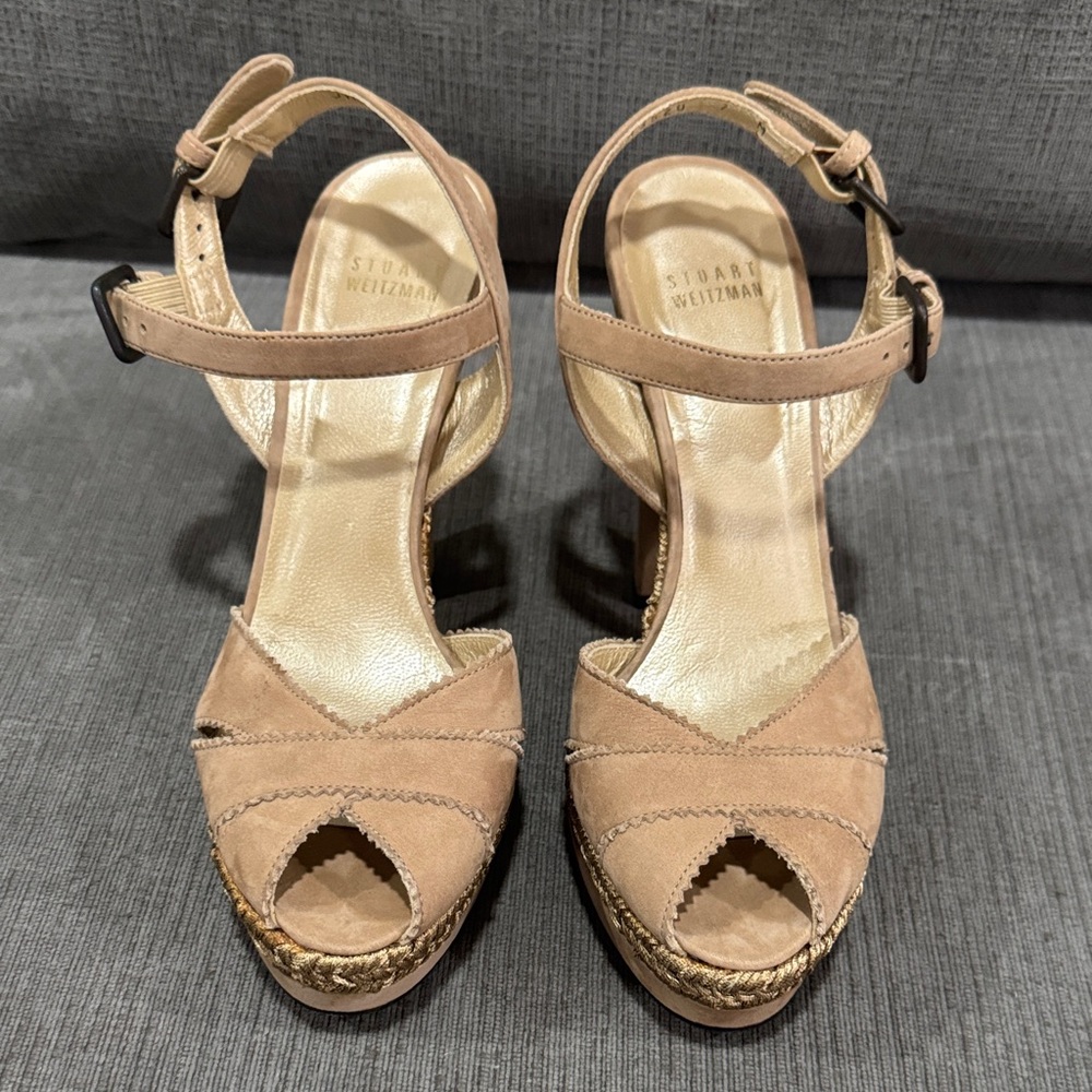 Stuart Weitzman Beige Suede Espadrille Wedge Sandals